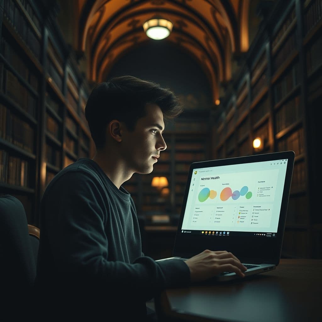 A person looking at a laptop screen with a mental health assessment dashboard visible.