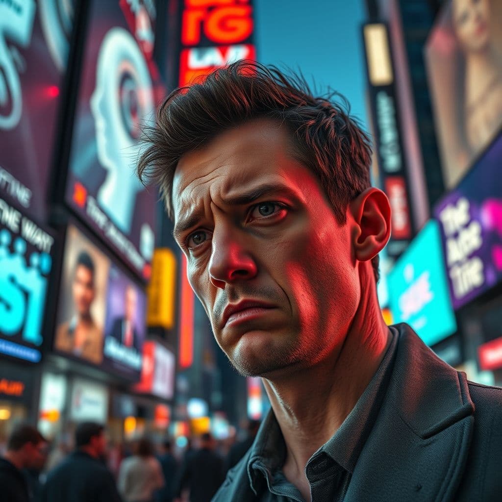 A frustrated marketer looking at a confusing AI billboard ad.