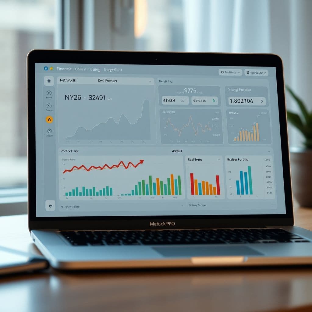 A modern dashboard displaying various financial metrics and net worth tracking.