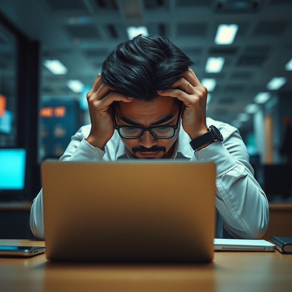 Frustrated business person staring at a laptop with email error messages.