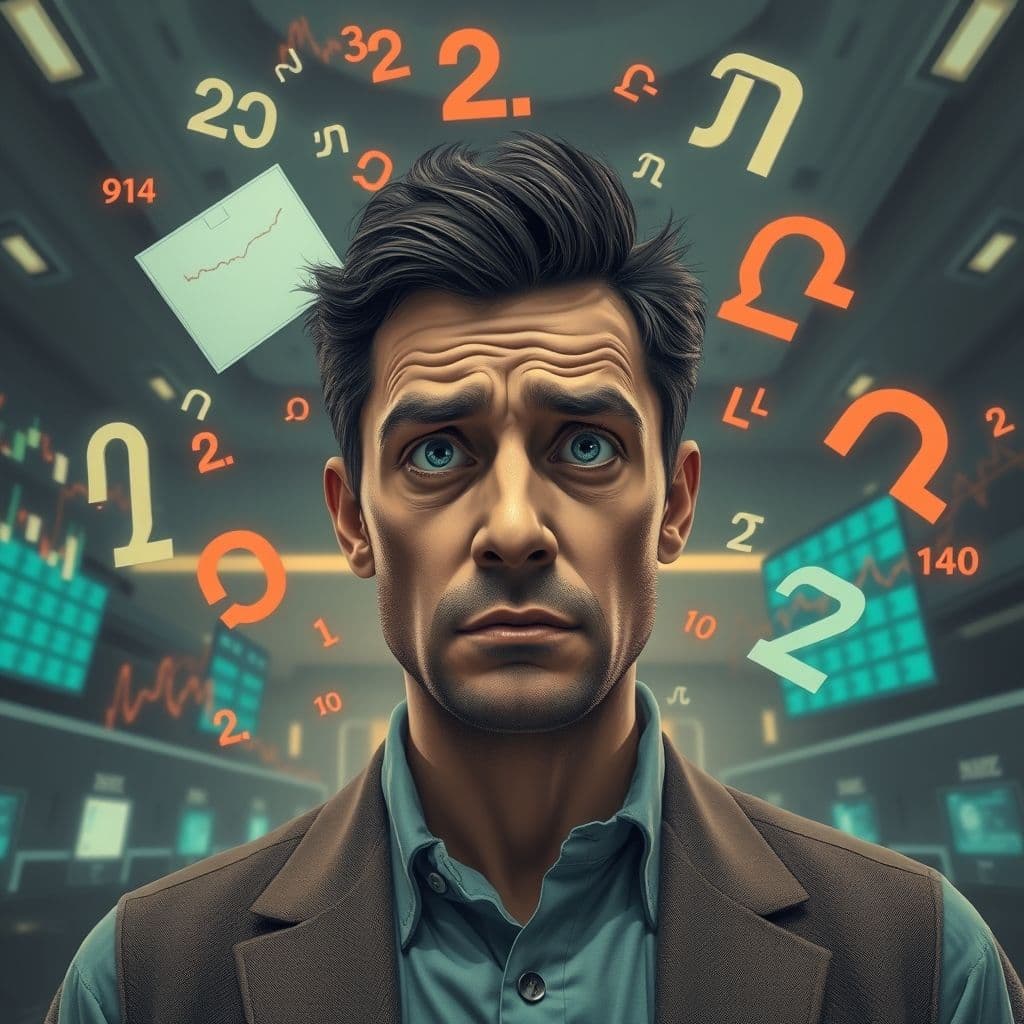 Overwhelmed beginner surrounded by floating stock charts and financial terms.
