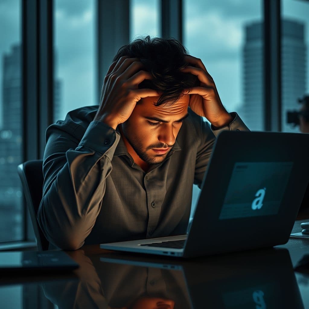 Frustrated Amazon seller looking at laptop screen with product listings