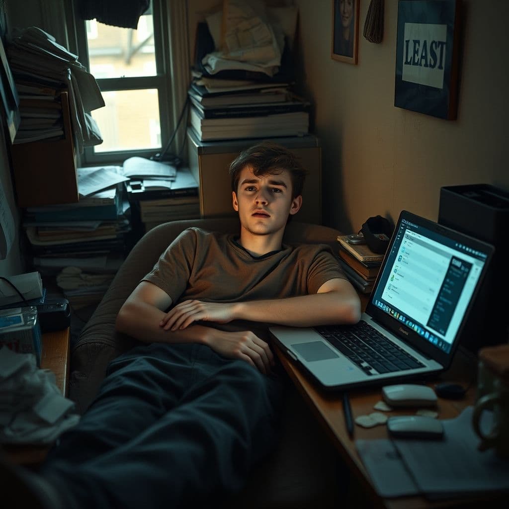 A frustrated young adult looking at a pile of bills.