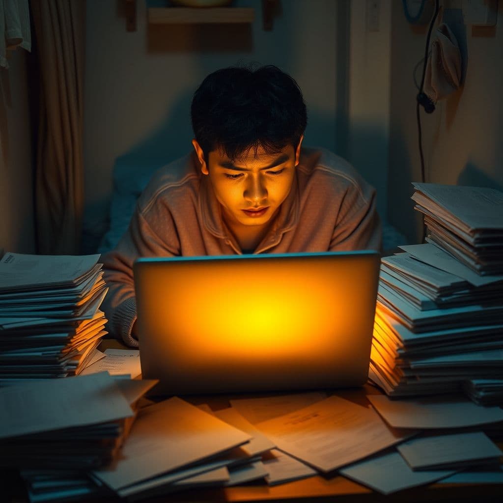 A tired parent searching for remote jobs on a laptop at night.