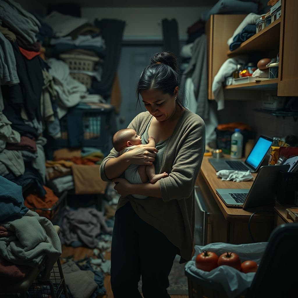 A stressed mother juggling multiple responsibilities with a look of exhaustion.