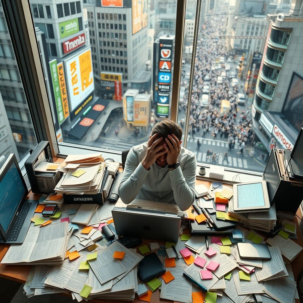 Overwhelmed seller surrounded by Amazon product research materials.