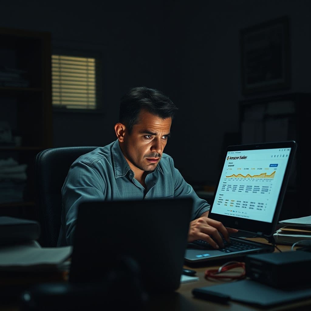 Frustrated seller looking at Amazon seller dashboard with high fees highlighted.
