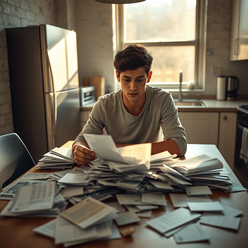 A young adult overwhelmed by debt and financial stress.