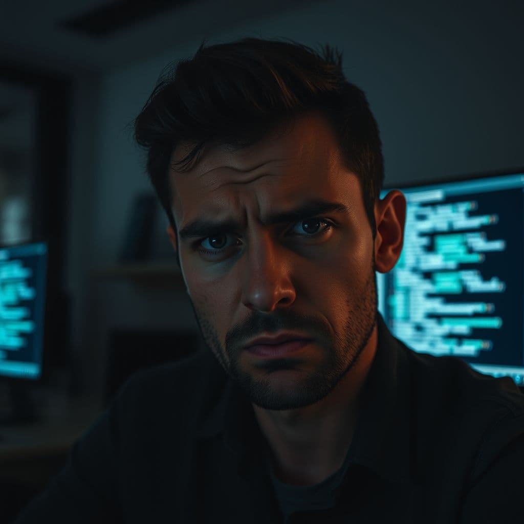 A frustrated developer struggling with a complex programming environment.