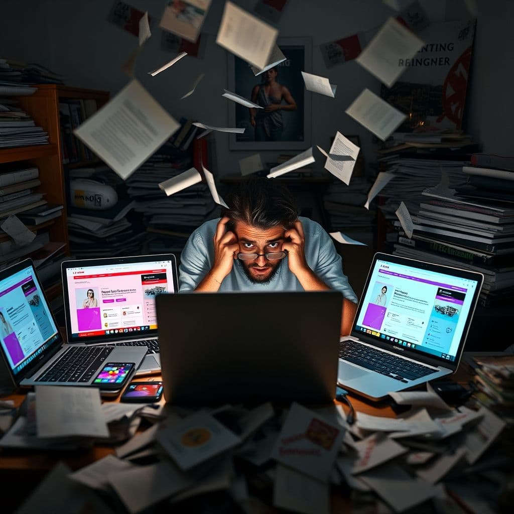 Overwhelmed freelancer surrounded by multiple devices and platforms