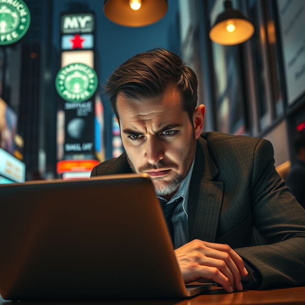 A frustrated individual staring at a laptop screen filled with overwhelming business advice.
