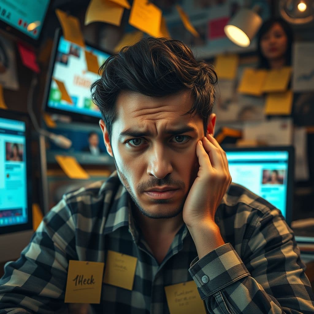 A frustrated social media creator overwhelmed by content planning.