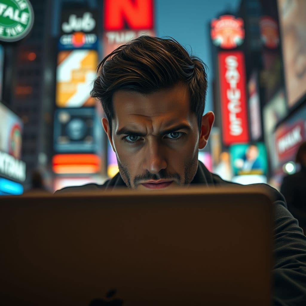 A frustrated job seeker looking at a laptop screen with unclear remote job listings.