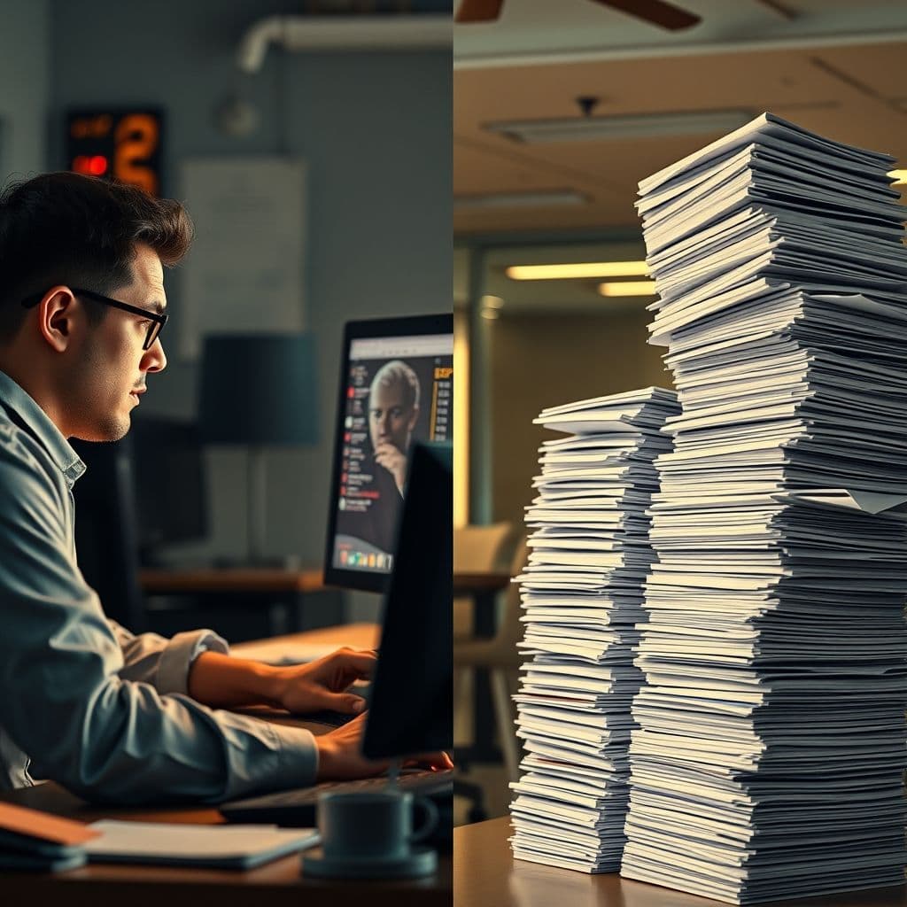 Side-by-side comparison of a frustrated developer and a hiring manager overwhelmed by applications.