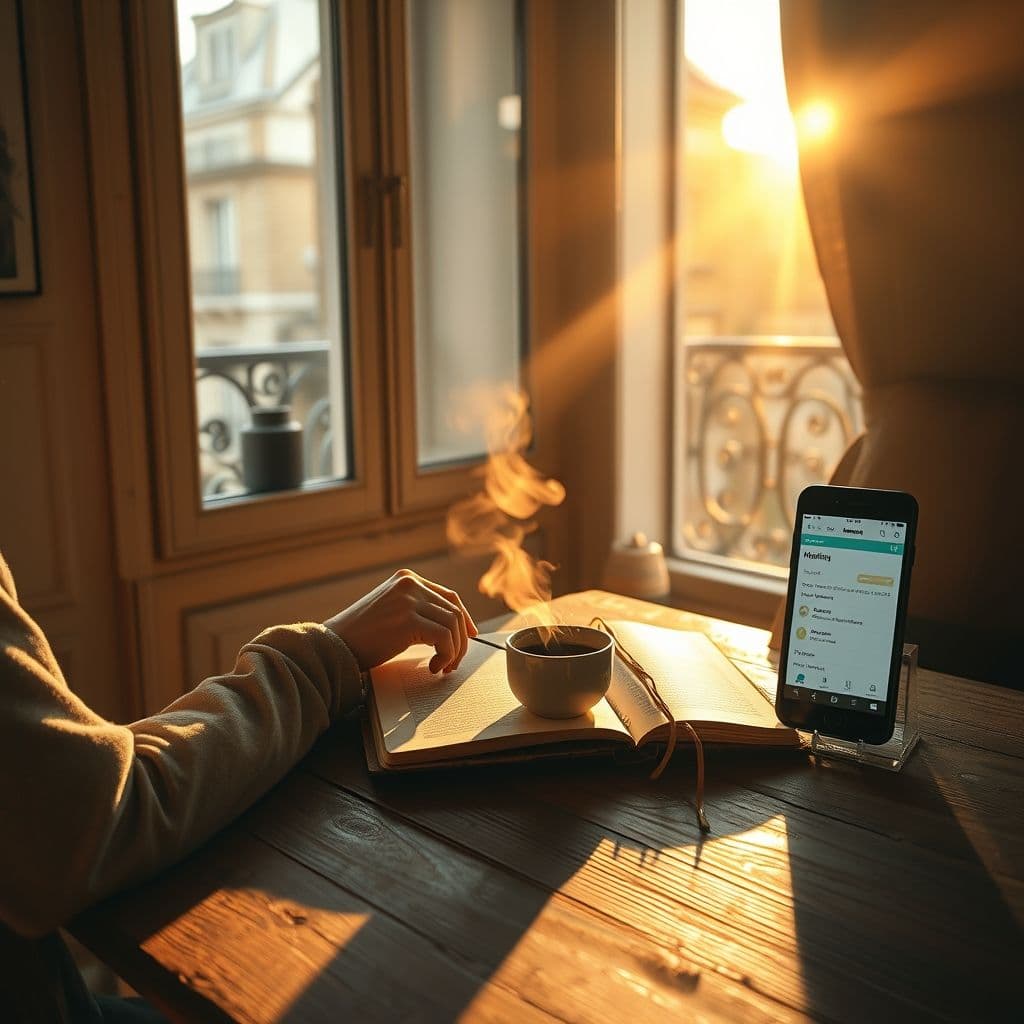A person enjoying a peaceful morning routine with a cup of coffee and a planner.