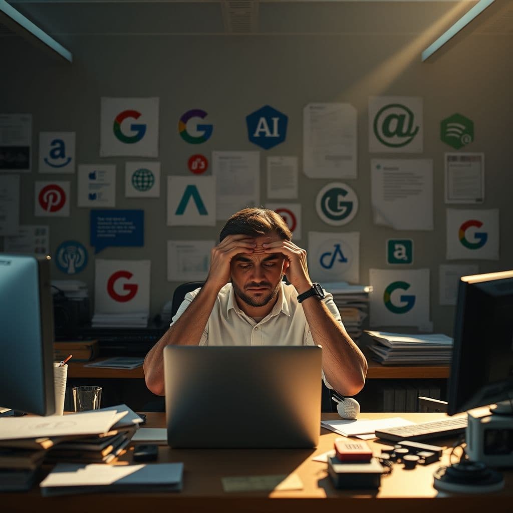 A frustrated user surrounded by multiple AI tool logos, looking overwhelmed.