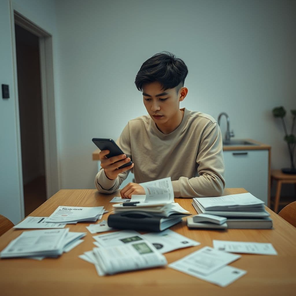 A frustrated person looking at their bank account on a phone, surrounded by bills.