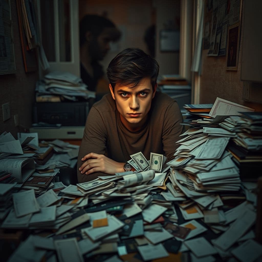A stressed young adult looking at a pile of bills and credit cards on a table.