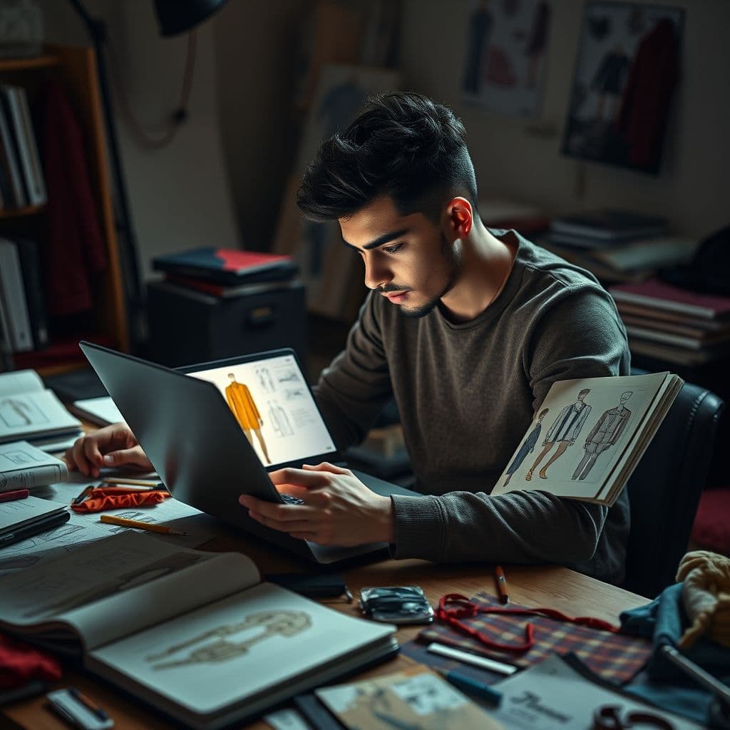 Aspiring fashion entrepreneur looking at design mockups on laptop with frustrated expression