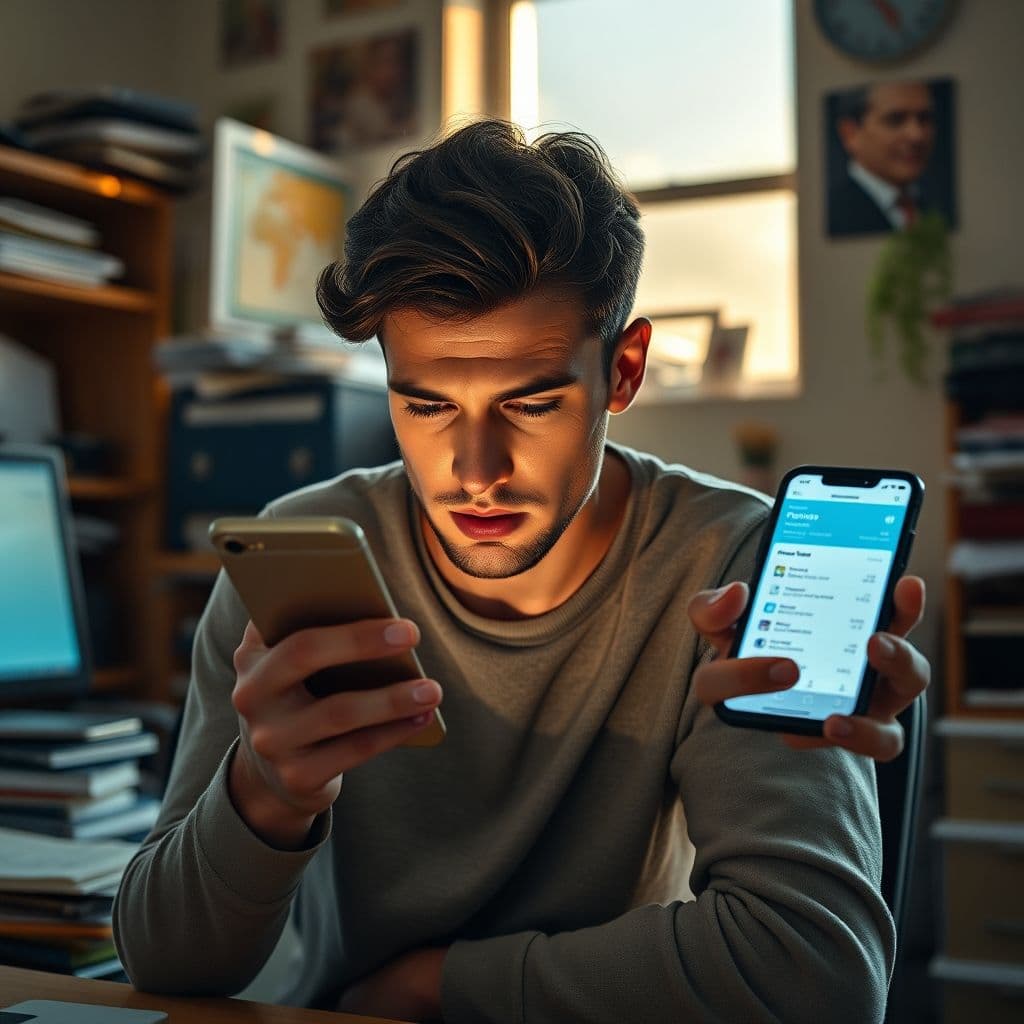 A stressed individual surrounded by clutter, looking at a phone with a potential productivity app solution.