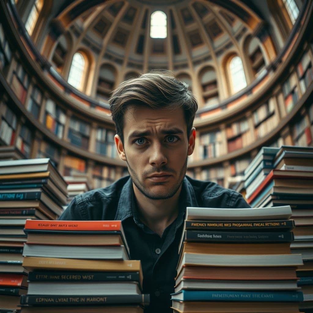 A frustrated student struggling with a traditional coding textbook.