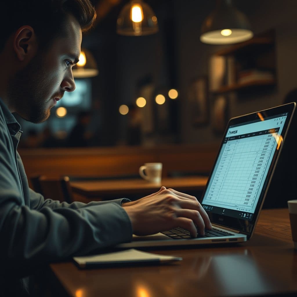 A user manually entering expenses into a spreadsheet, looking frustrated.