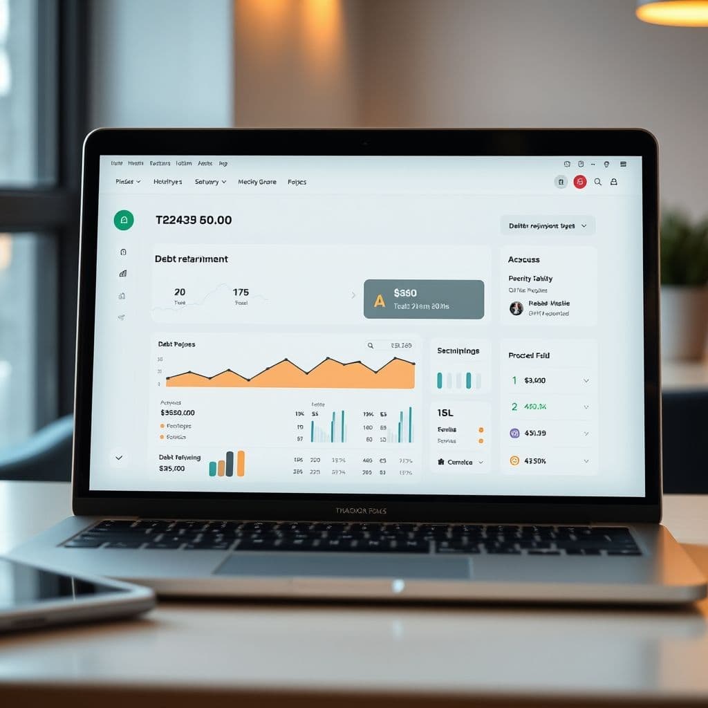 A sleek dashboard showing debt repayment progress and budgeting tools.