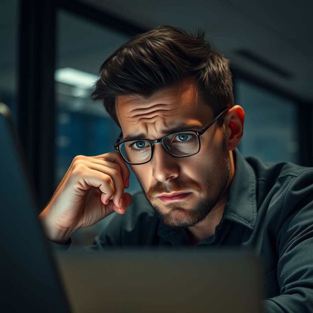 A frustrated entrepreneur staring at a laptop screen with a 'No Response' email notification.