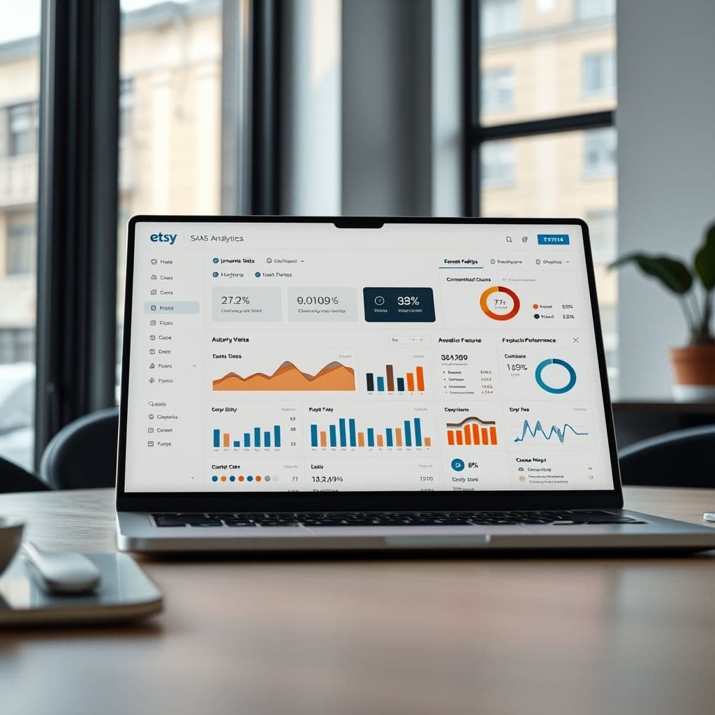 Conceptual dashboard showing Etsy sales analytics and marketing tools.