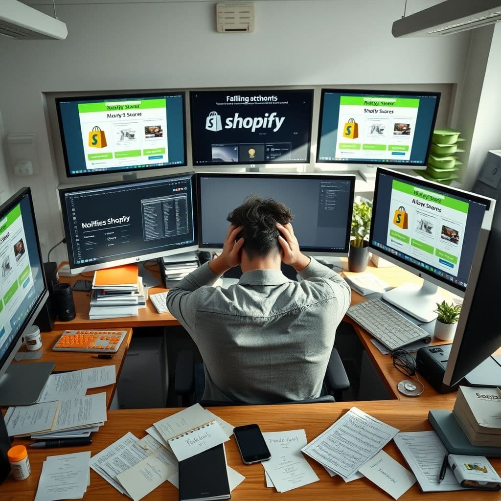 Overwhelmed beginner surrounded by multiple failed dropshipping store tabs.