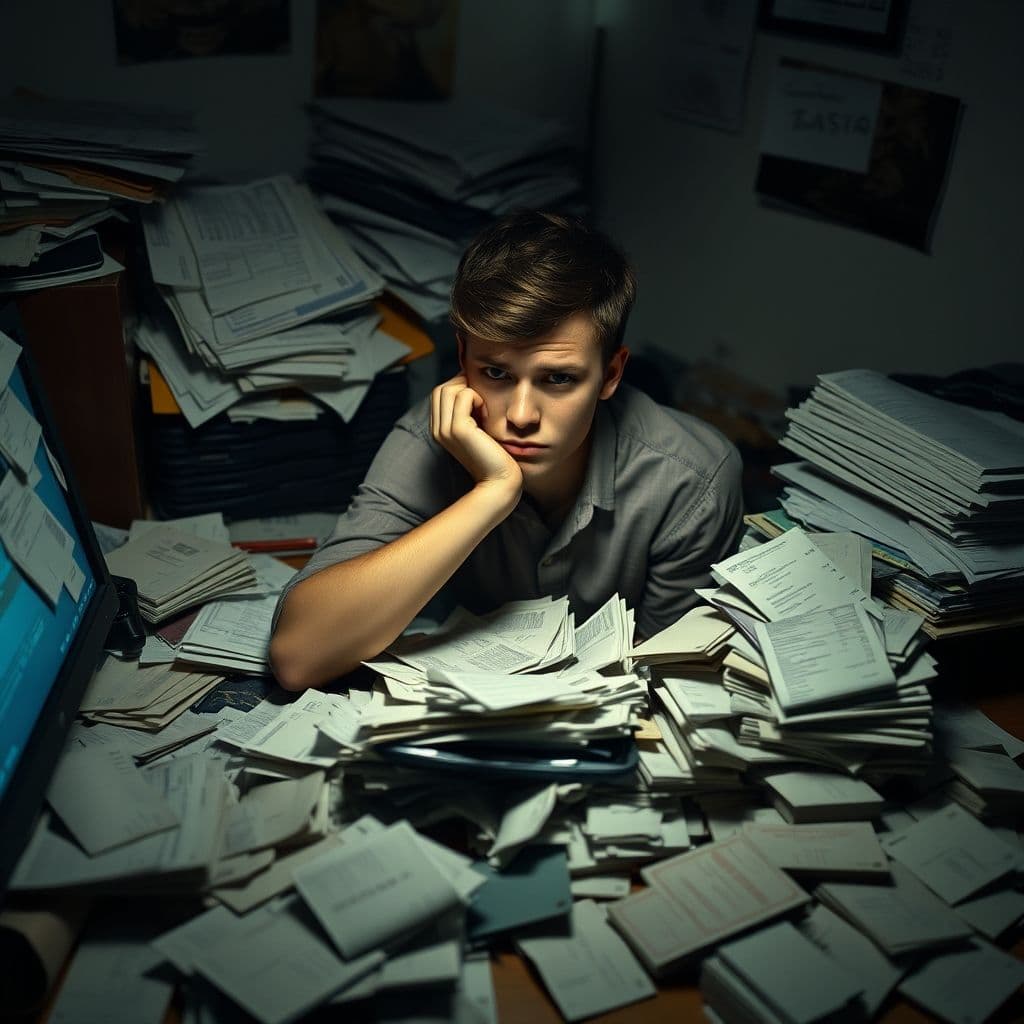 A cluttered desk with multiple bills and a stressed person holding their head.