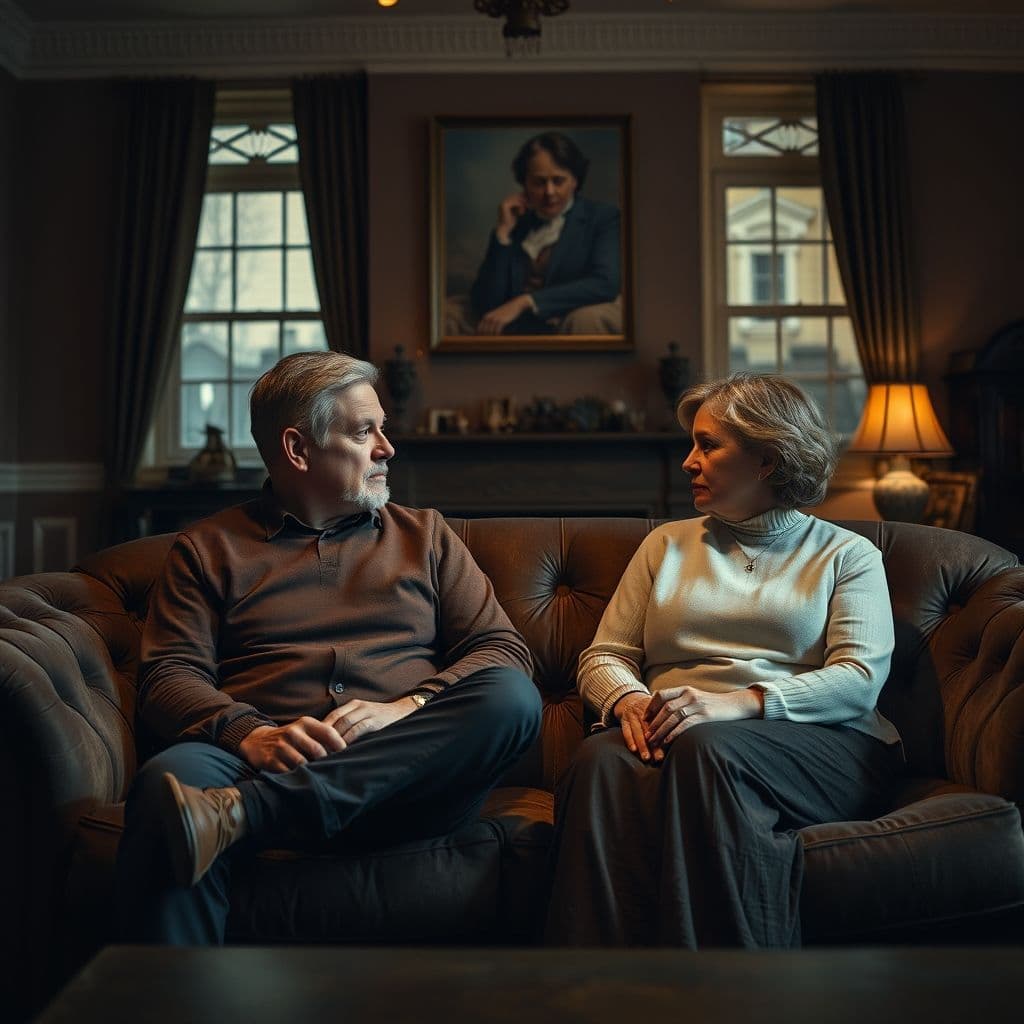 A couple sitting apart on a couch, illustrating emotional distance.