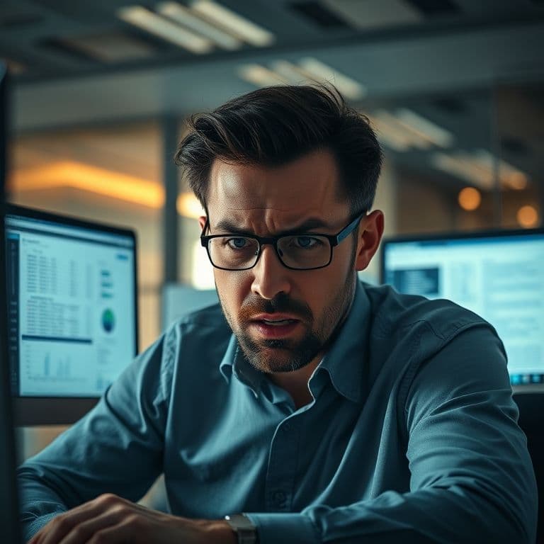 Frustrated user overwhelmed by multiple browser tabs and repetitive tasks