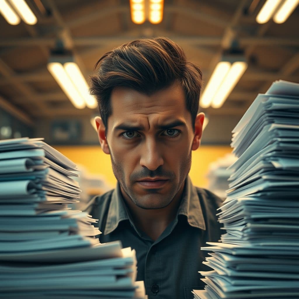 A stressed employee overwhelmed by work, symbolizing workplace burnout.