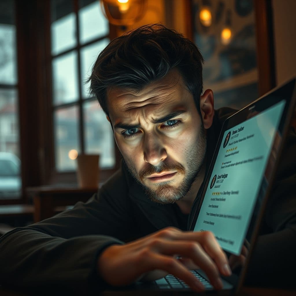 Frustrated small business owner reading negative online reviews on laptop